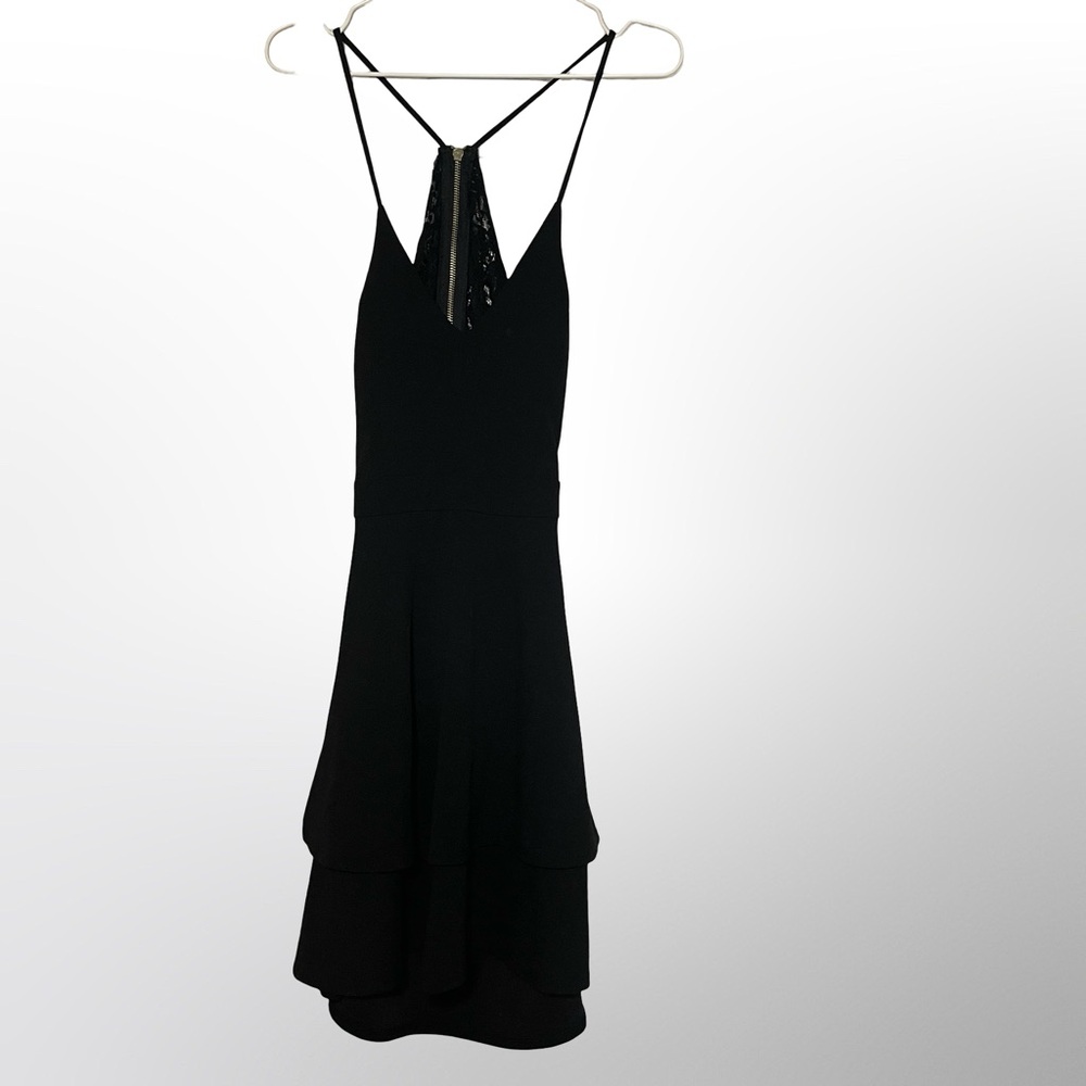 B-Smart Black Tiered Cocktail Dress Size 9 Spaghetti Strap Open Back Party